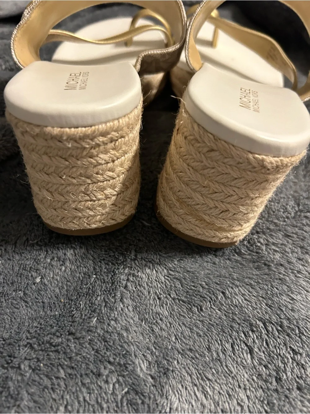 Michael Kors Beige Monogram & Gold Strap Slide Wedges